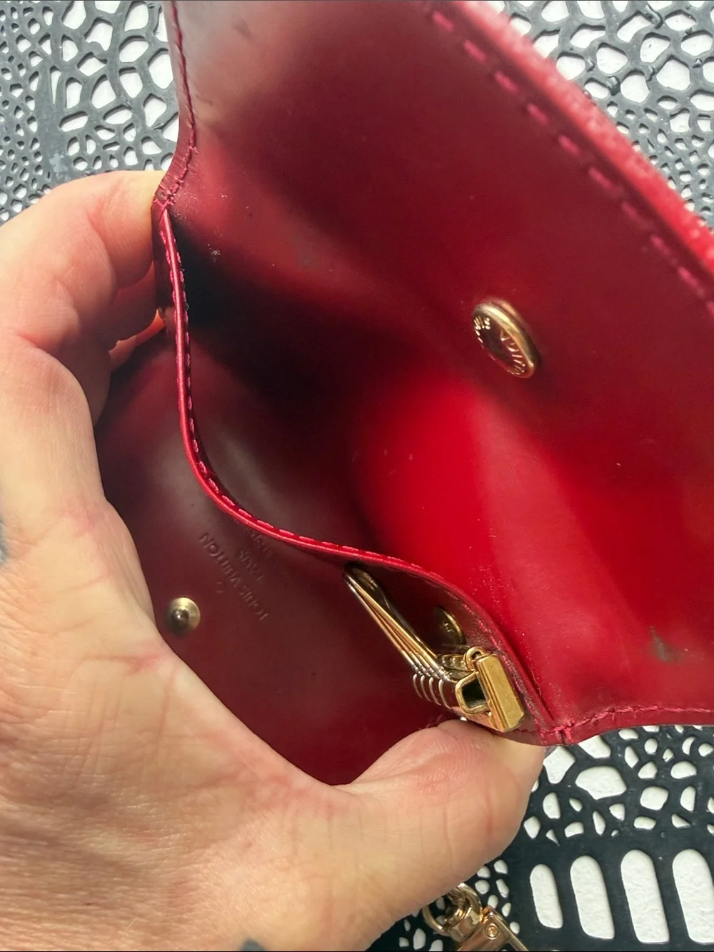Louis Vuitton Vernis Red Patent Key Case with Gold Chain